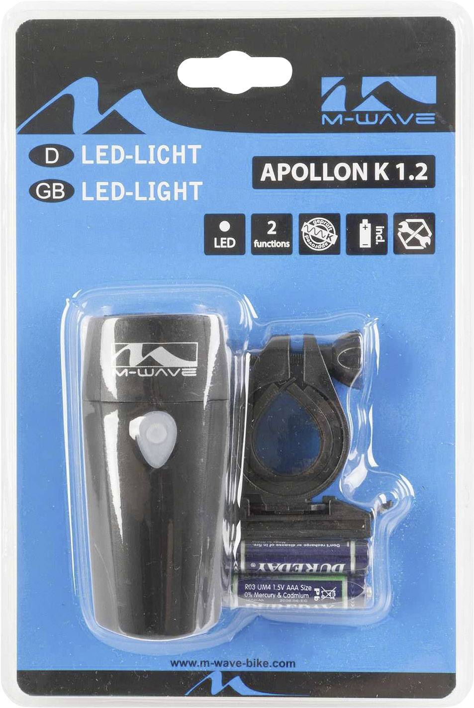 Verpakking met M-Wave Apollon K 1.2 LED-verlichting en houder. Bevat informatie over LED-type, twee functies en benodigde batterijen.