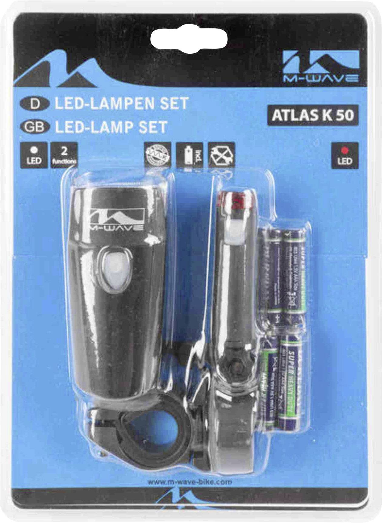 Verpakking van een LED-lamp-set van het merk M-Wave, model Atlas K50, met voor- en achterlicht en batterijen.