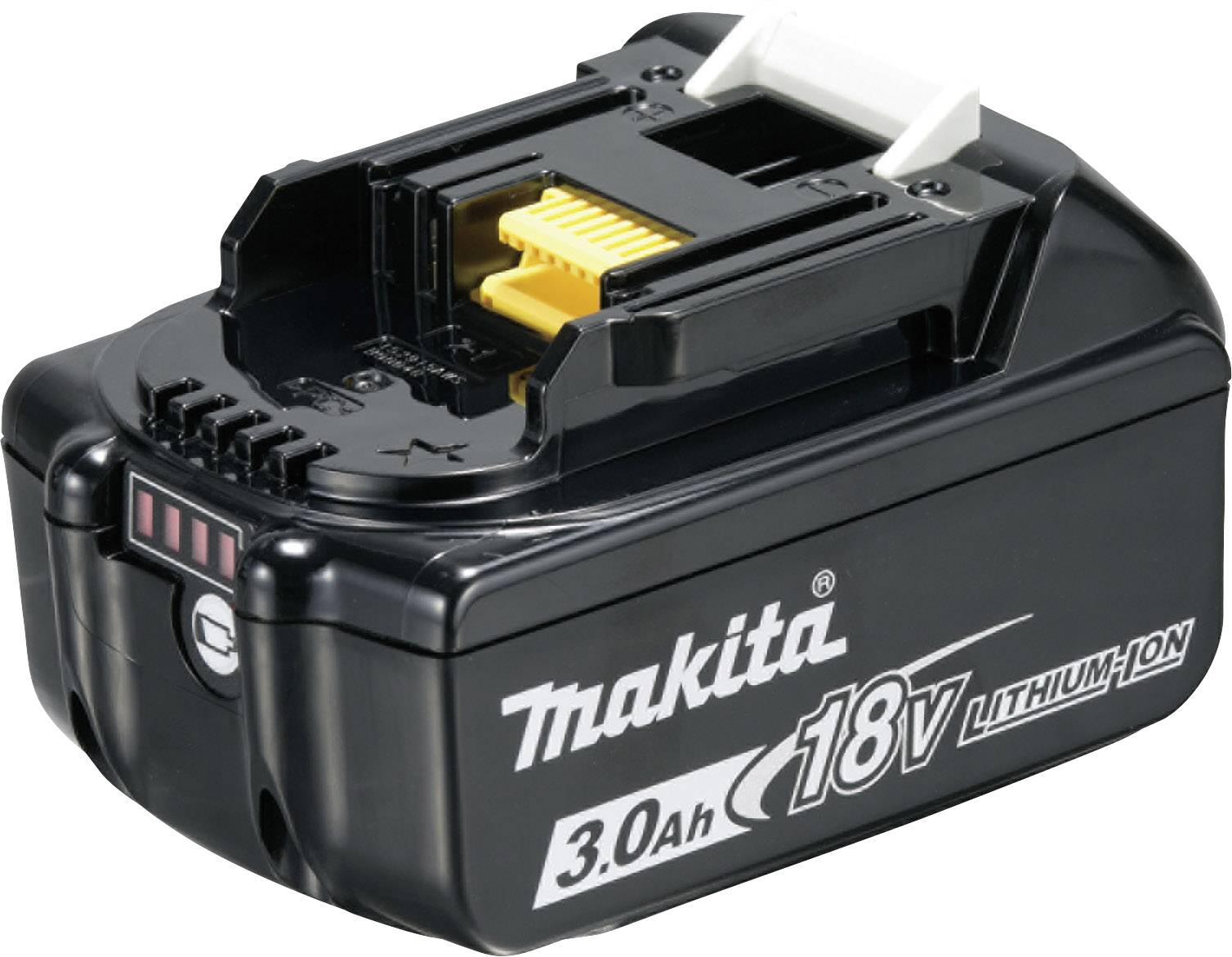 Zwarte Makita 18V lithium-ion accu met 3.0Ah capaciteit, geschikt voor elektrisch gereedschap. Voorzien van capaciteitsindicator.