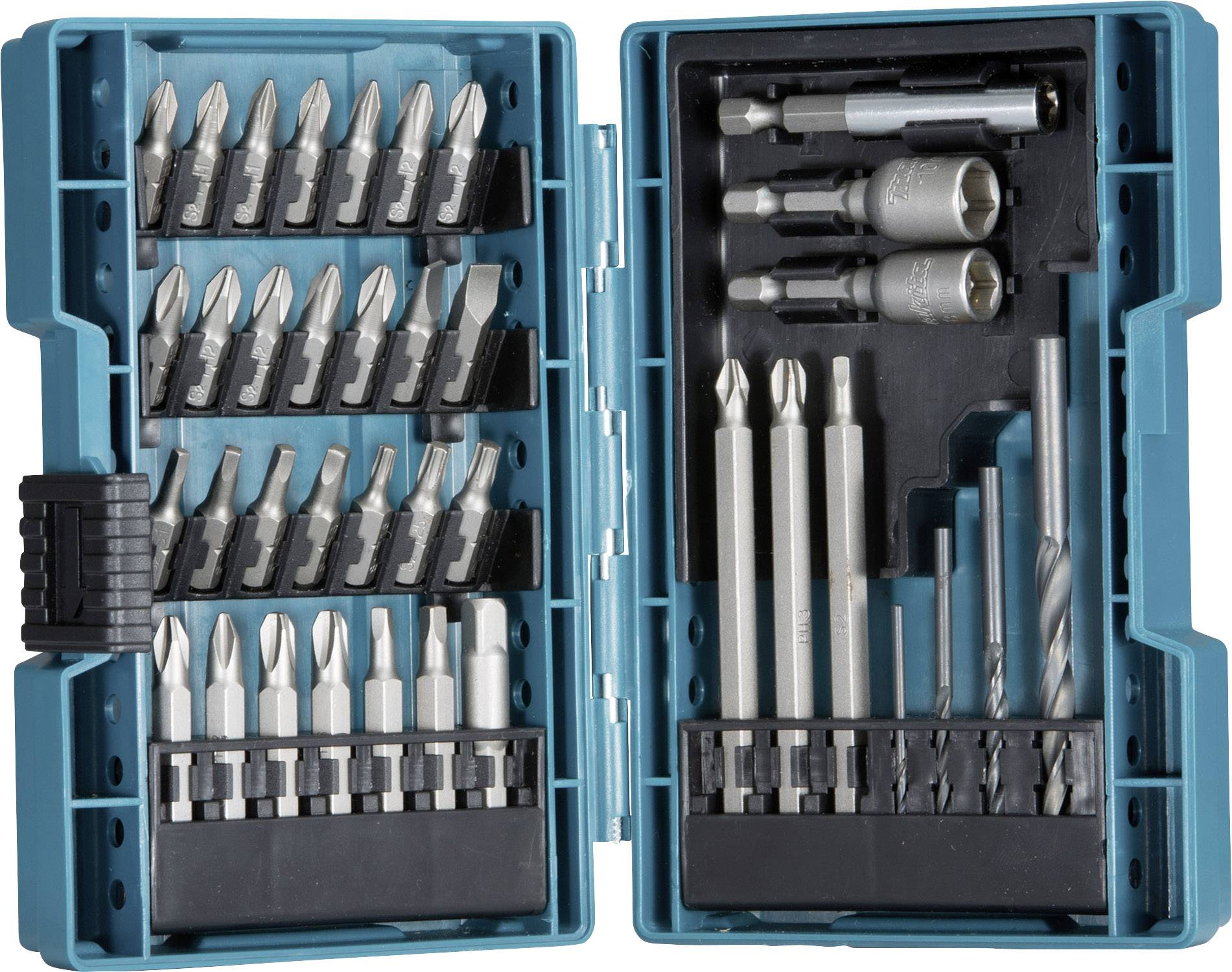 Een geopende boor- en schroevendraaier-set in een blauwe draagkoffer, met verschillende bits en boren netjes in rijen gerangschikt.