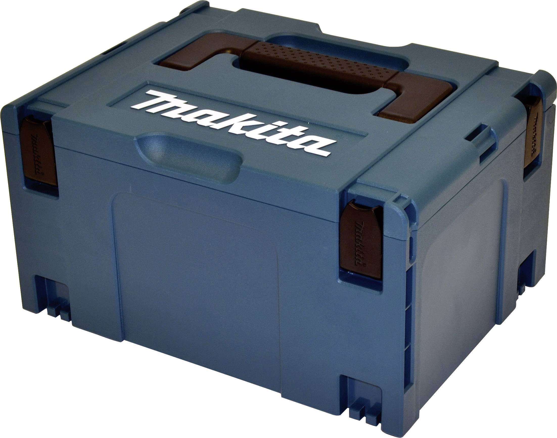 Een blauwe Makita gereedschapskoffer met handgreep en zichtbare merknaam bovenop, geschikt voor opslag en transport van gereedschappen.