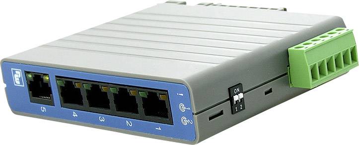 Een netwerk-switch met vijf LAN-poorten en een groene terminal blok aan de rechterkant voor het verbinden van apparaten.