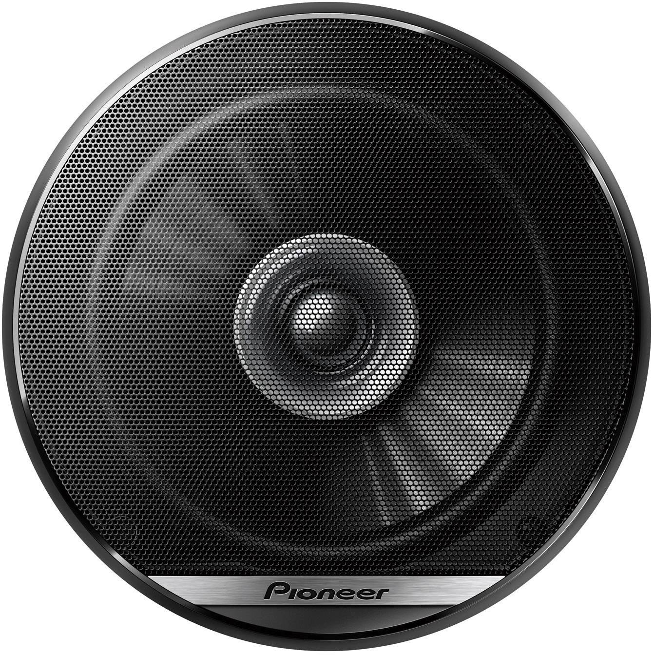 Een zwarte Pioneer-luidspreker met zilveren rand, toont een modern design en akoestisch rooster.