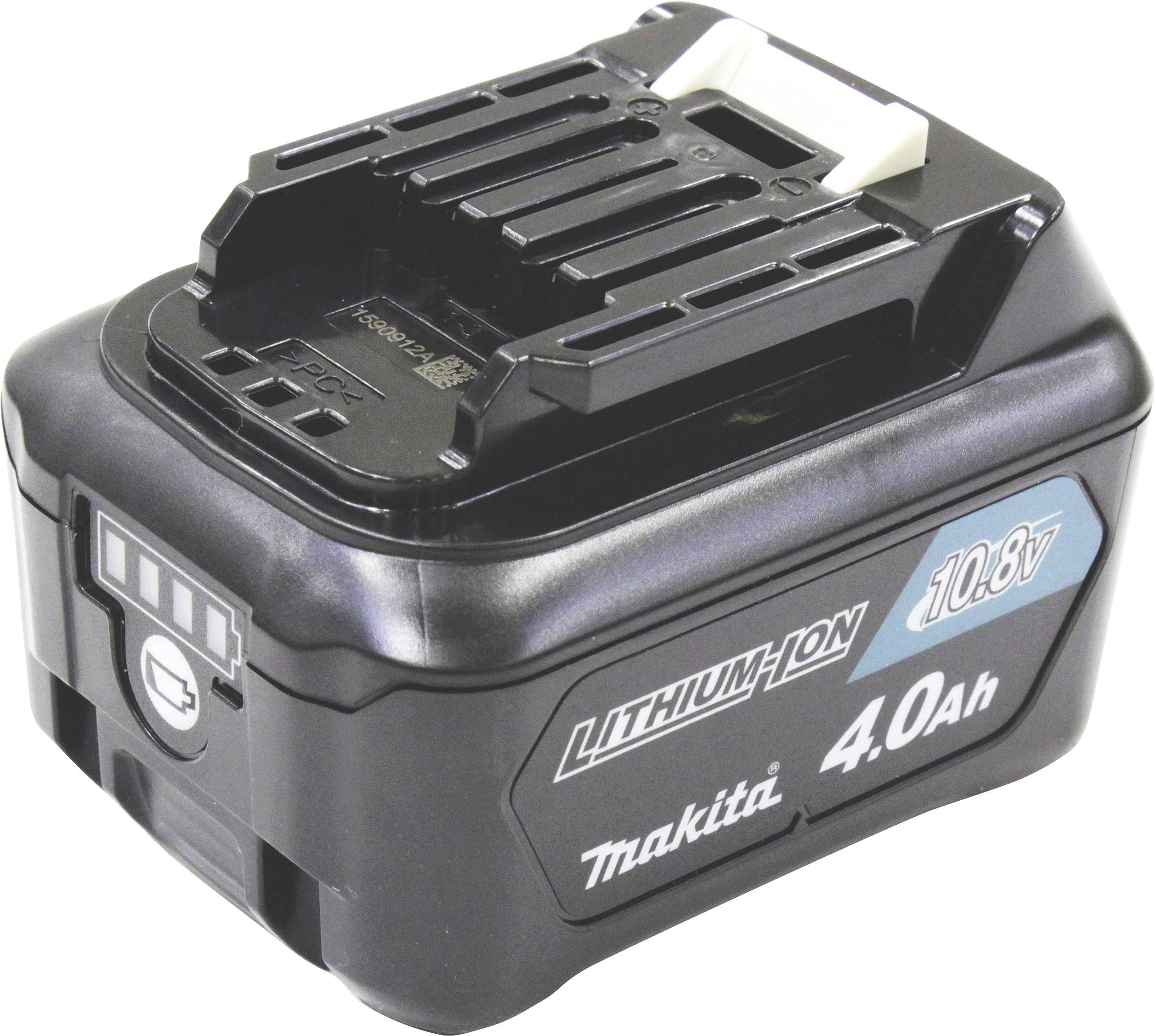 Makita lithium-ion accu, 10,8 Volt, 4,0 Ah, zwart behuizing met merkopdruk.