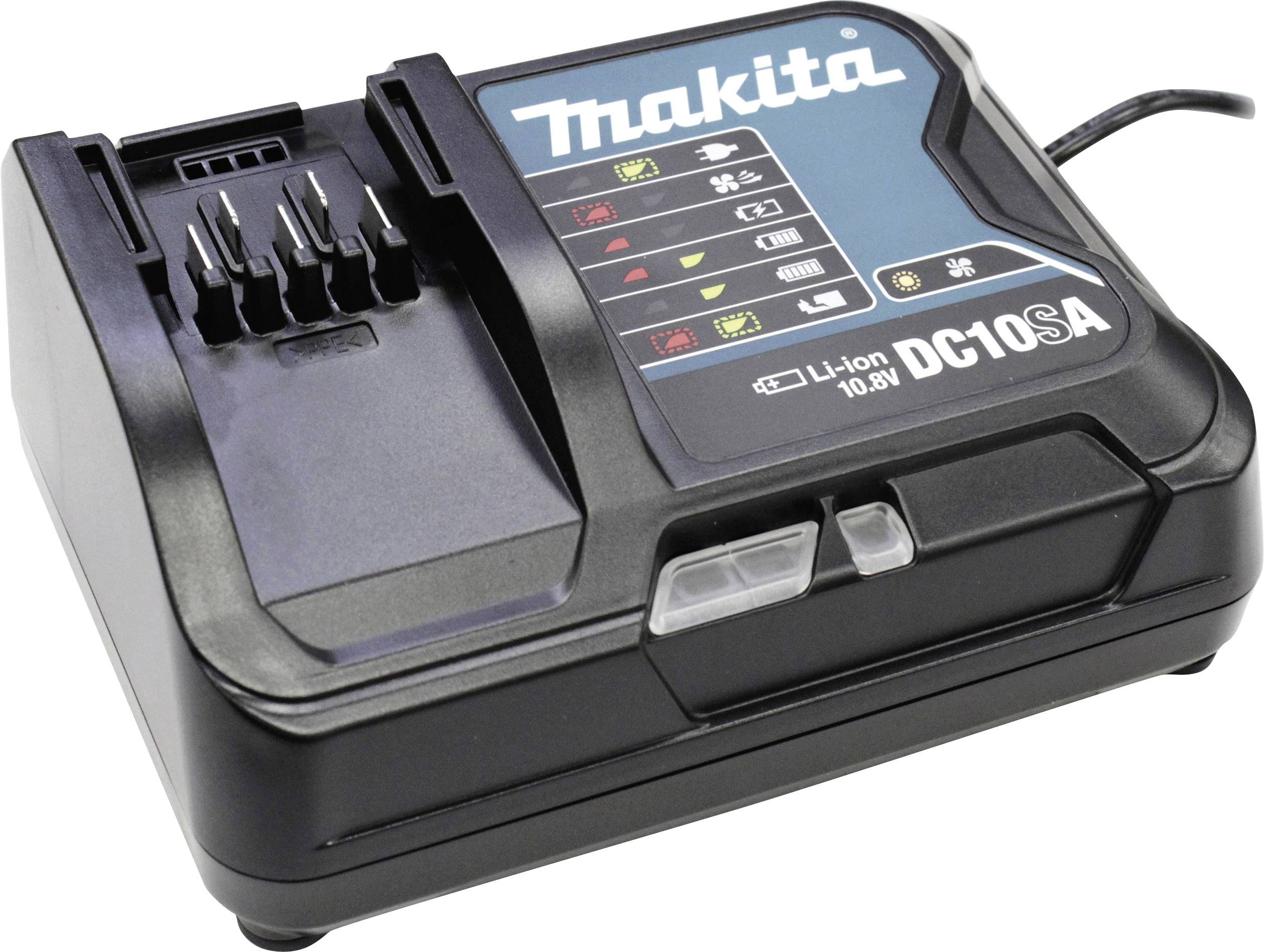 Makita Accu-oplader DC10SA, zwart, met controlelampjes voor laadstatus. Geschikt voor 10,8V Li-Ion accu's.