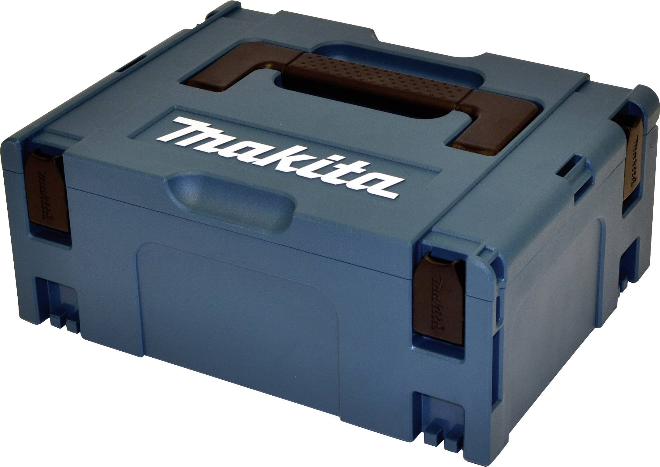Blauwe gereedschapskoffer met zwarte handgreep, waarop 'Makita' staat.