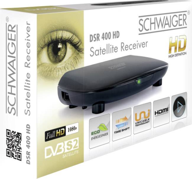 'DVR 400 HD Satellietontvanger' verpakking toont hoofdkenmerken: Full HD, Eco-energiebespaarder, HDMI, Time Shift. Oog als grafisch element.