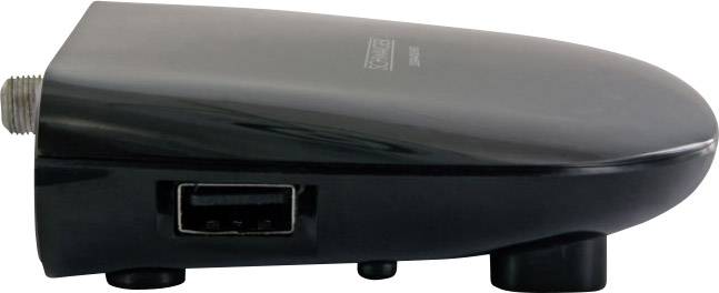 Een toonkleurig, compact technisch apparaat met een kabelaansluiting aan de linkerkant en een USB-aansluiting aan de rechterkant.