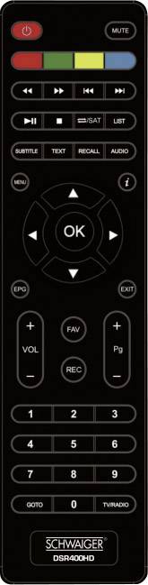 Een zwarte afstandsbediening met toetsen voor Power, Mute, OK, Volume, Kanaalbesturing en cijfers 0-9. Markering 'Schwaiger DSR600HD'.