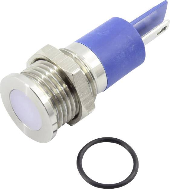 Ronde, blauwe, metalen drukschakelaar met verlichte voorknop en zwarte afdichtingsring.
