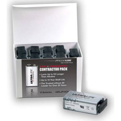 Een geopende verpakking met 9-volt lithiumbatterijen. Opschrift: 'AANNEMER PAKKET', 'Langer houdbaar dan alkaline', '10 jaar opslagduur'.