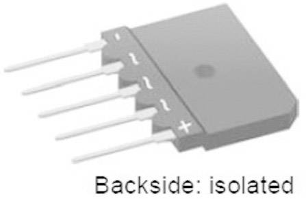 Een grijs, rechthoekig elektronisch onderdeel met vijf aansluitpennen en de tekst 'Backside: isolated' onderaan in de afbeelding.