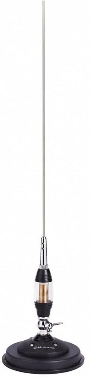 Een mobiele radioantenne met magneetvoet, geschikt voor voertuigmontage. De antenne is zilverkleurig met een zwarte voet.