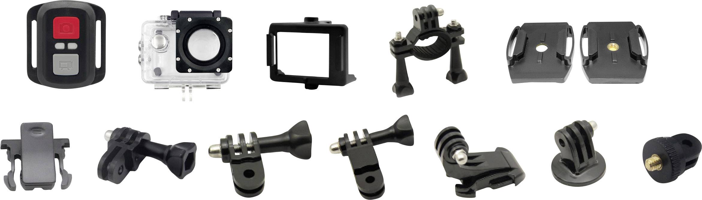 'Verschillende accessoires voor actioncamera's, inclusief steunen, frames en bevestigingsonderdelen, netjes op een rij gezet.'