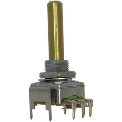 Een metalen draaipotentiometer met een lange as en meerdere aansluitpennen onderaan voor montage in elektronische schakelingen.