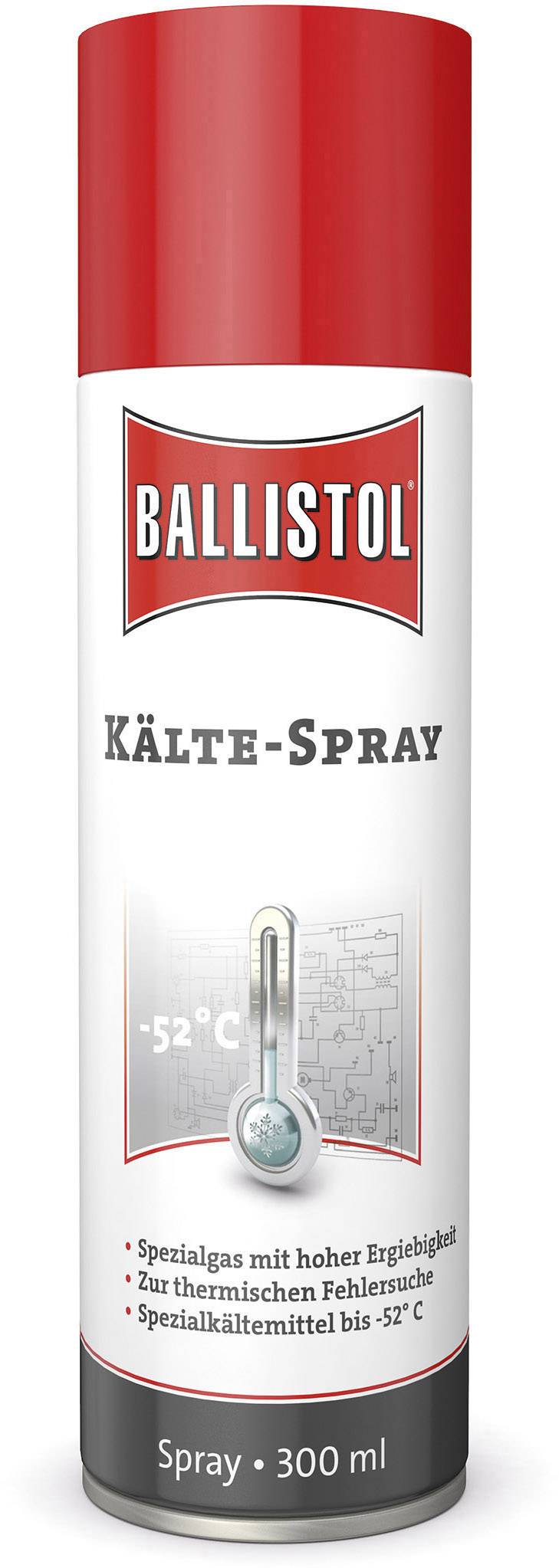 Spuitbus met rode dop, opschrift 'Ballistol Koudespray'. Geschikt tot -52°C, 300 ml. Bruikbaar voor foutopsporing en koeling.
