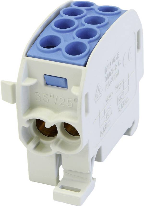 HoraeTec 080210-1-3 Hoofdleiding vertakkingsklem Messing, PA Grijs-wit (RAL 7035), Lichtblauw 1-polig 125 A 690 V Geleidertype = N
