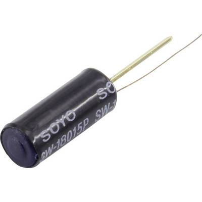 Een cilindrische, zwarte elektrische condensator met de opdruk 'SOYO SW-18015P' en twee uitstekende draadaansluitingen.