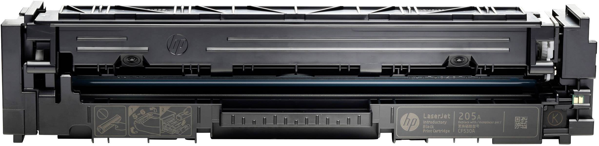 Zwarte tonercartridge voor een printer met zichtbare details en markeringen aan de voorkant.