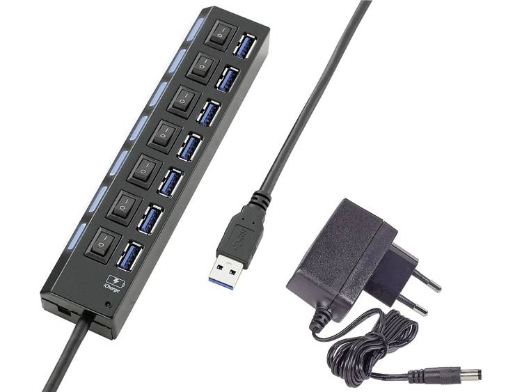 USB 3.0 hub 7 poorten individueel schakelbaar, met status-LEDs, met iPad-laadpoort Zwart