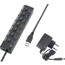Renkforce 7 poorten USB-hub Individueel schakelbaar, Met status-LED's, Met iPad-laadpoort Zwart