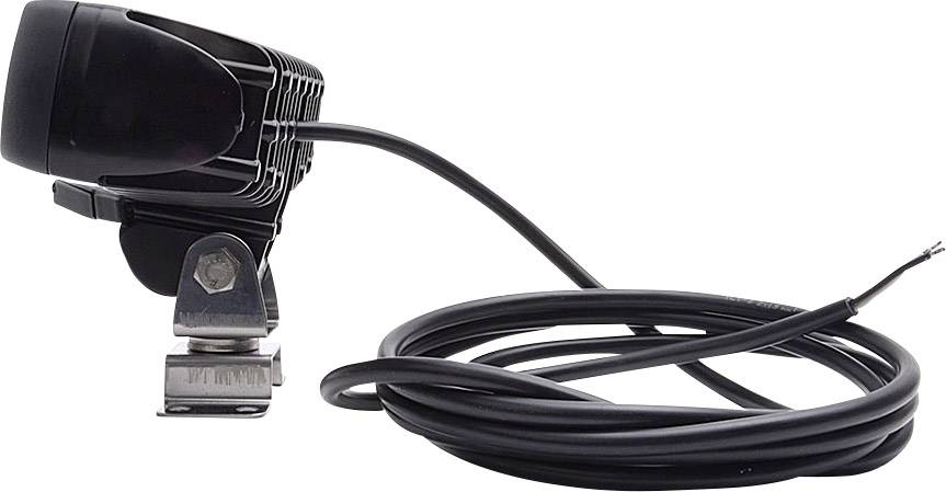 Een zwarte halogeenwerklamp met kabel en bevestigingsbeugel.