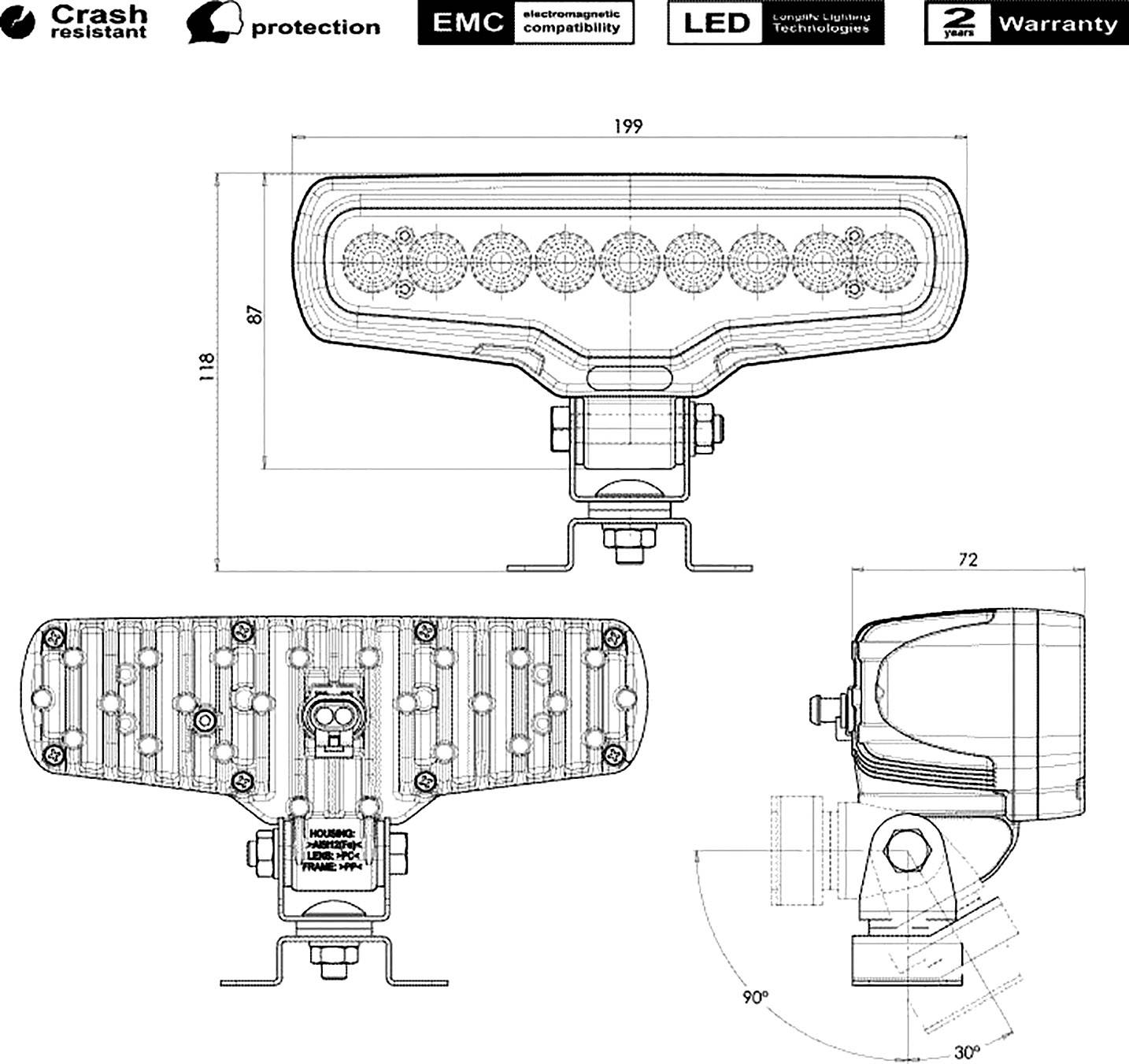 Technische tekening van een LED-armatuur met afmetingen. Linksboven logo's voor schokbestendigheid, bescherming, EMC, LED en 2 jaar garantie.