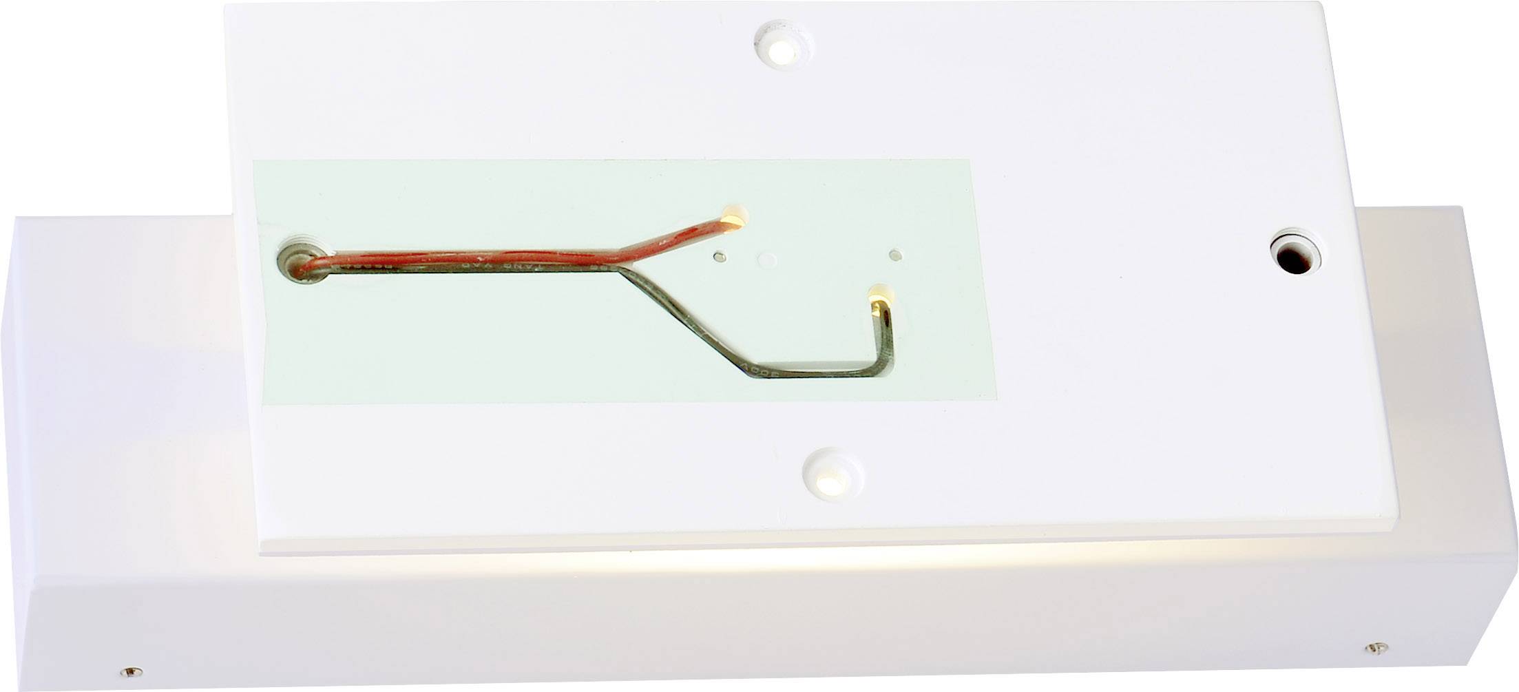Witte rechthoekige steun met ingebouwde, gebogen metalen staaf op groene achtergrond, bedoeld voor decoratieve verlichting.