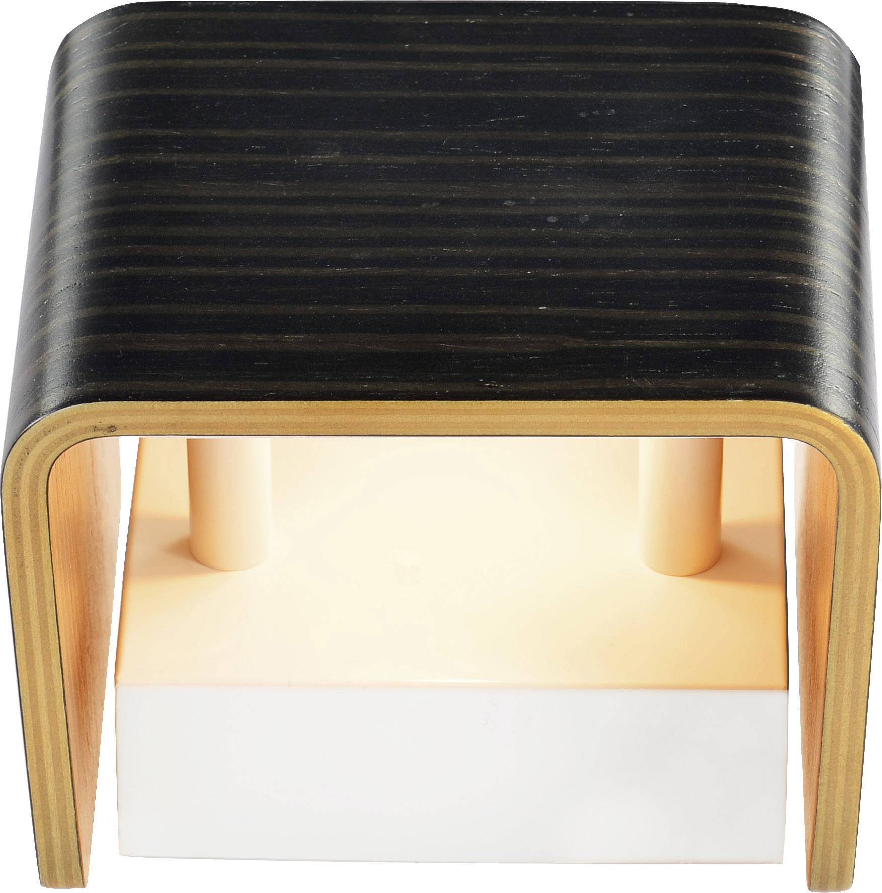 Kleine, moderne tafellamp met houten frame en witte, lichtgevende voet.