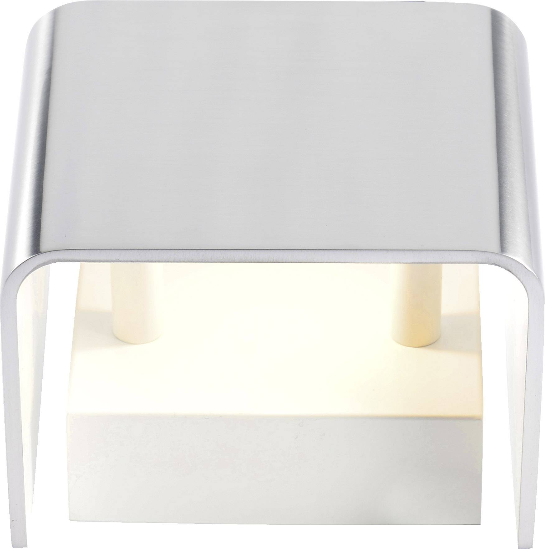Een moderne wandlamp met een gebogen metalen behuizing en een helder verlichte binnenkant, geschikt voor stijlvolle binneninrichting.