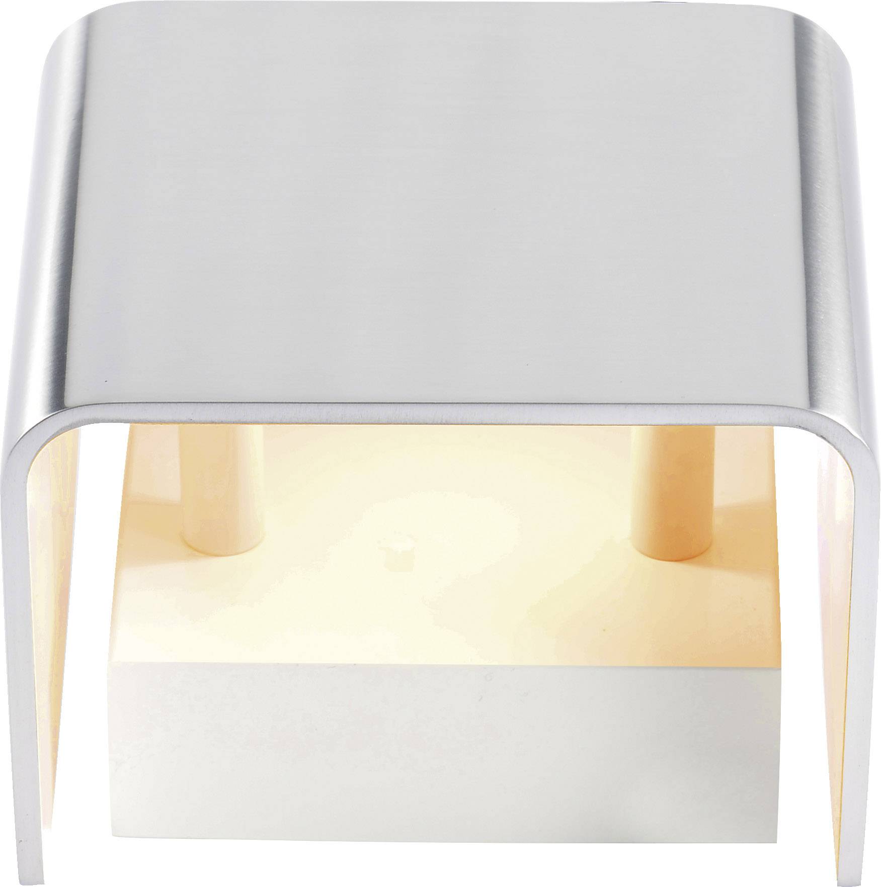 Een moderne, vierkante bijzettafel van metaal met een gebogen oppervlak, van binnenuit verlicht, die staat op twee cilindrische poten.