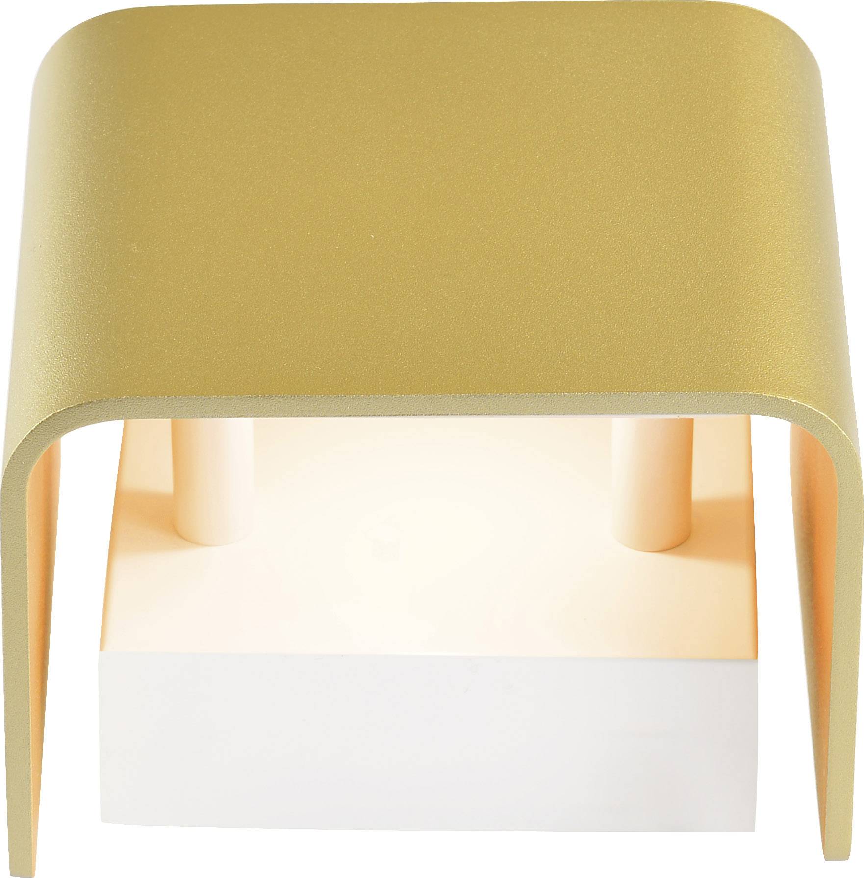 Een moderne, gouden tafellamp met een minimalistische vorm en een tweekleurige uitstraling; hij straalt zacht licht naar beneden.