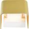 Een moderne, gouden tafellamp met een minimalistische vorm en een tweekleurige uitstraling; hij straalt zacht licht naar beneden.