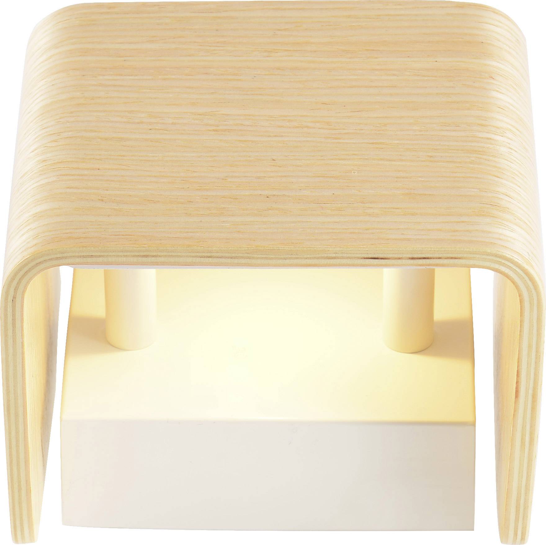 Een kleine tafel met een afgeronde houten blad en geïntegreerde verlichting die van onderen naar boven schijnt.