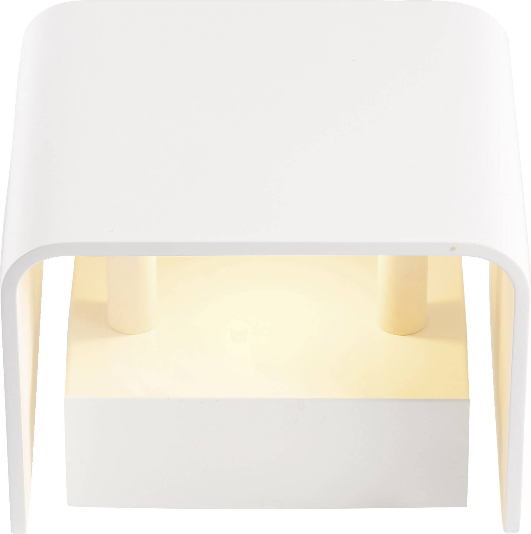 Witte, rechthoekige wandlamp met moderne, minimalistische vormgeving. Vierkante structuur met geïntegreerd, warm licht.