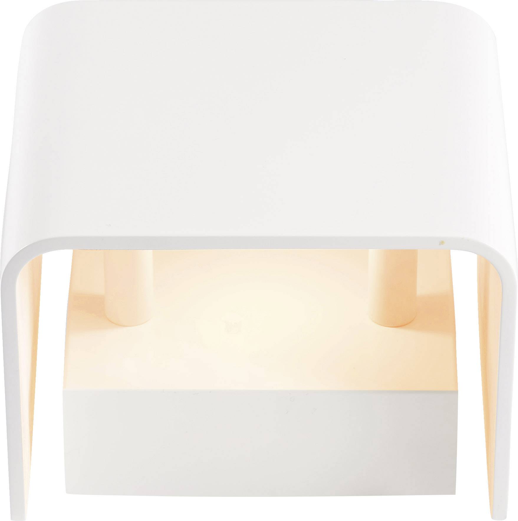 Een moderne, witte, rechthoekige tafel met afgeronde hoeken, minimalistisch design, lichtbron eronder.