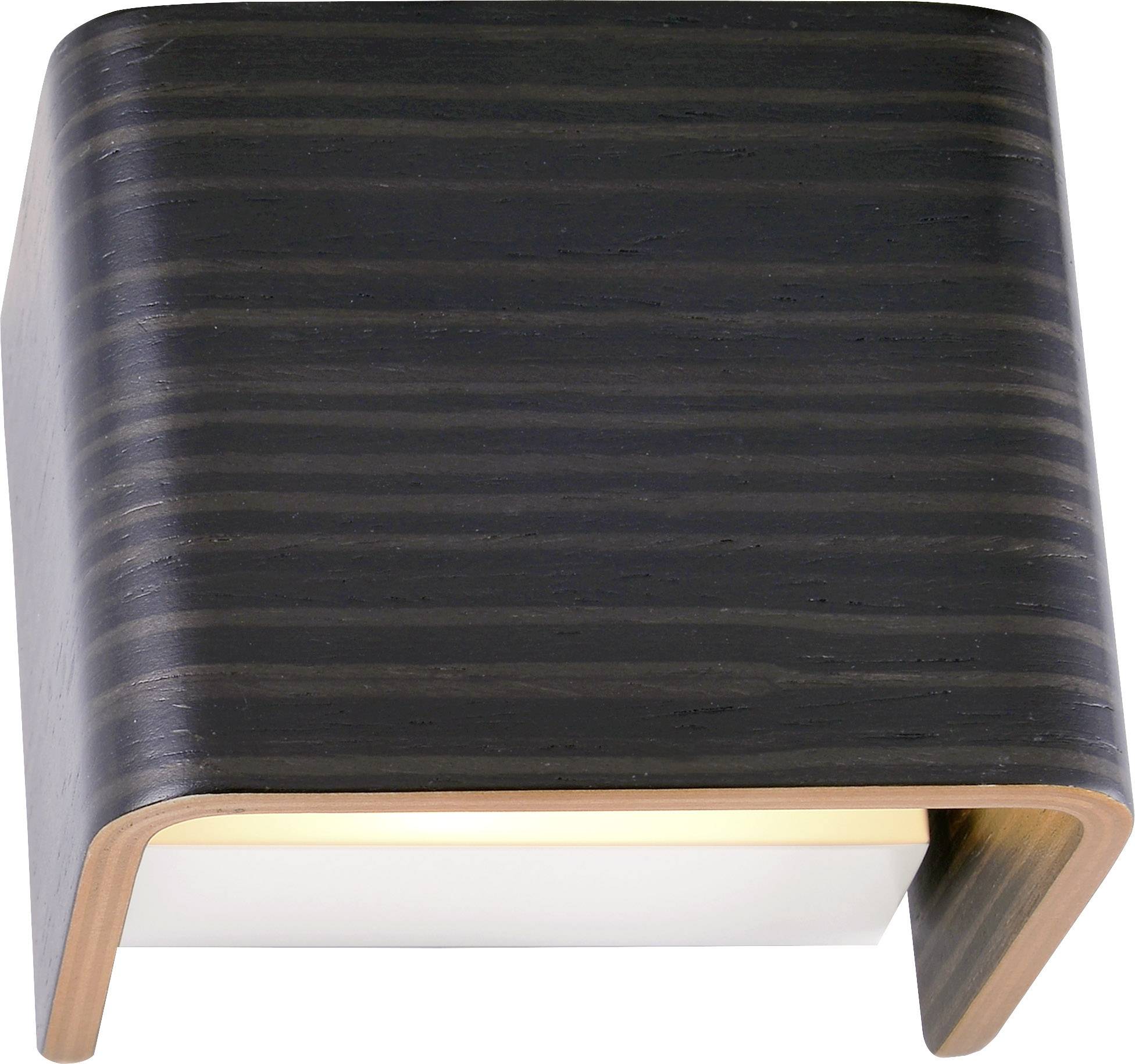 Wandlamp van donker hout, vierkante vorm met afgeronde hoeken, licht schijnt naar beneden.