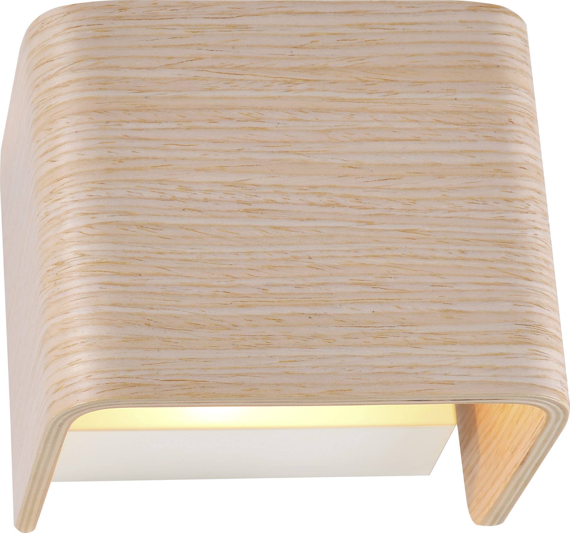 Wandlamp van licht hout, rechthoekig afgerond, met neerwaarts gericht licht, ideaal voor modern of Scandinavisch design.