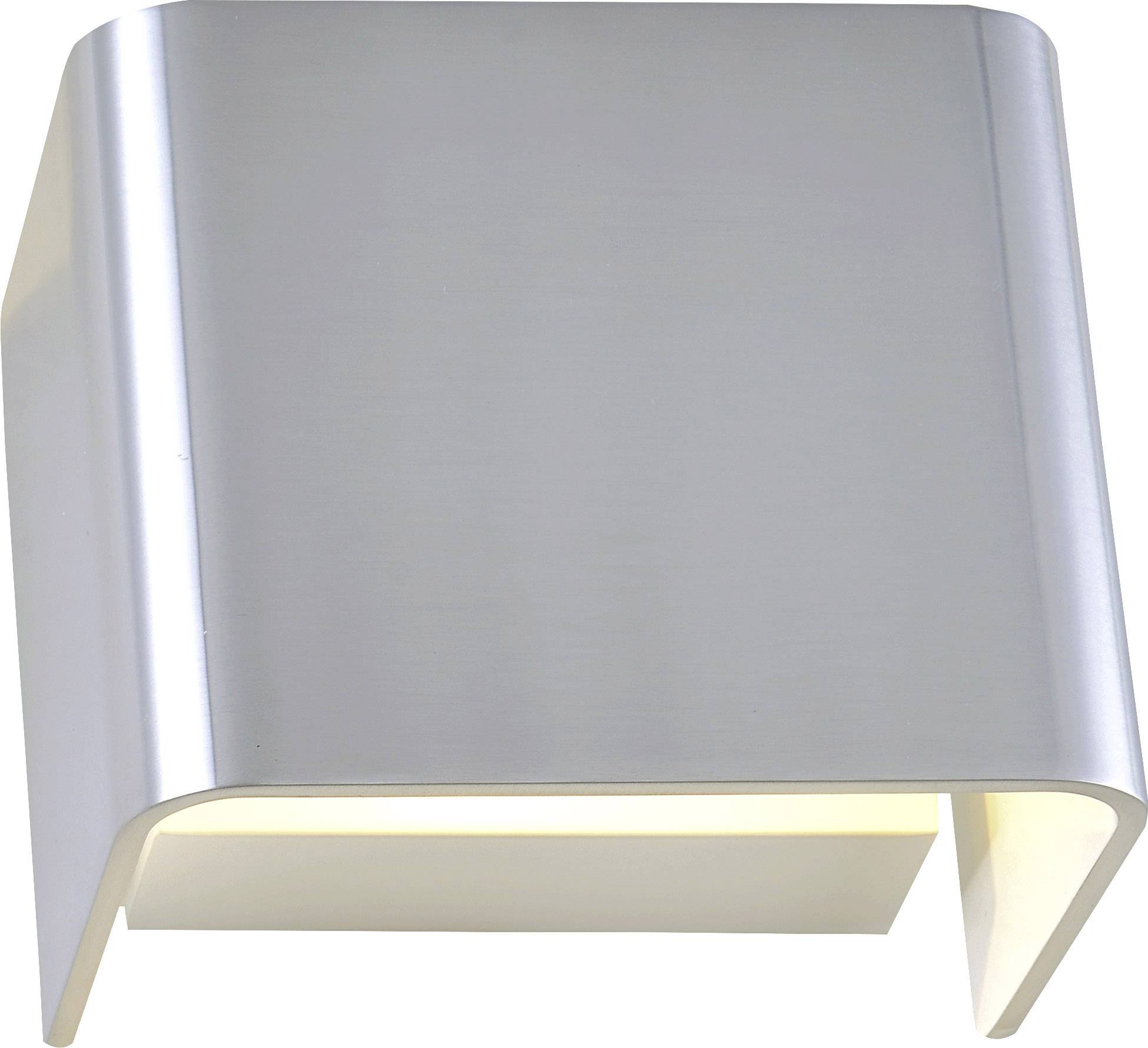 Een moderne, zilvergrijze wandlamp met gebogen ontwerp dat zacht licht naar beneden uitstraalt.