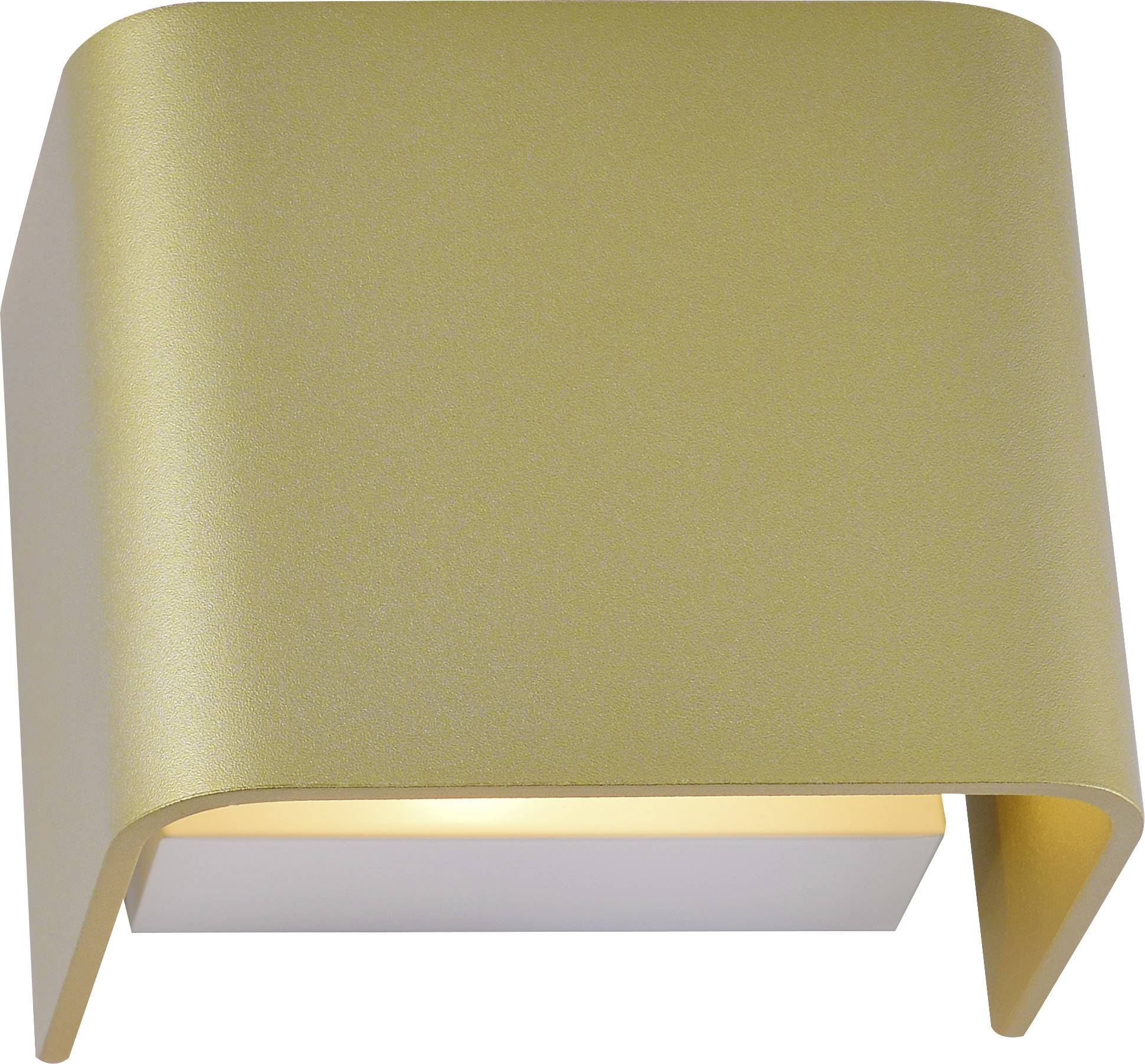 Wandlamp met gouden, gebogen vorm; schijnt naar beneden. Modern design voor interieurs.