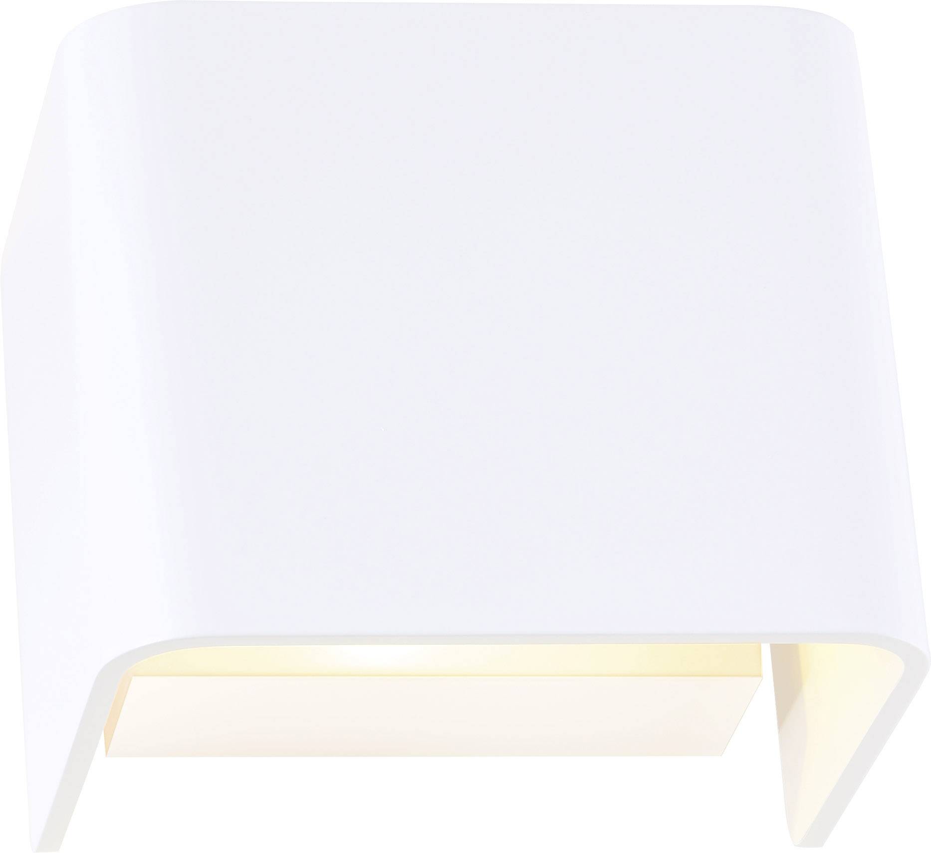 Een witte, moderne wandlamp in de vorm van een omgekeerde U met licht dat naar beneden schijnt.