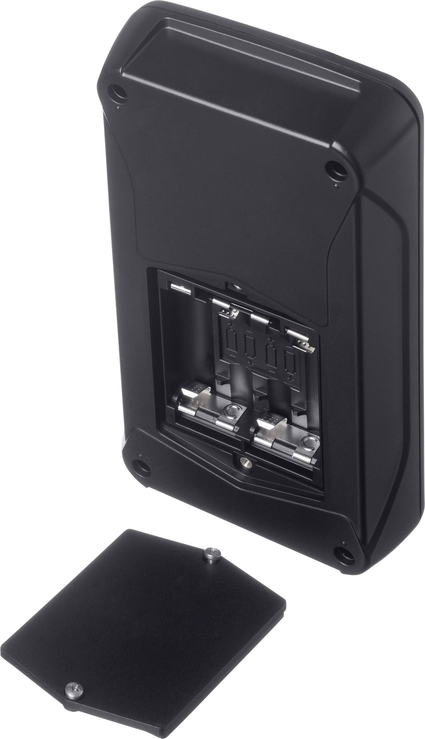 Zwart batterijvak van een apparaat met verwijderde deksel, toont twee batterijvakken.