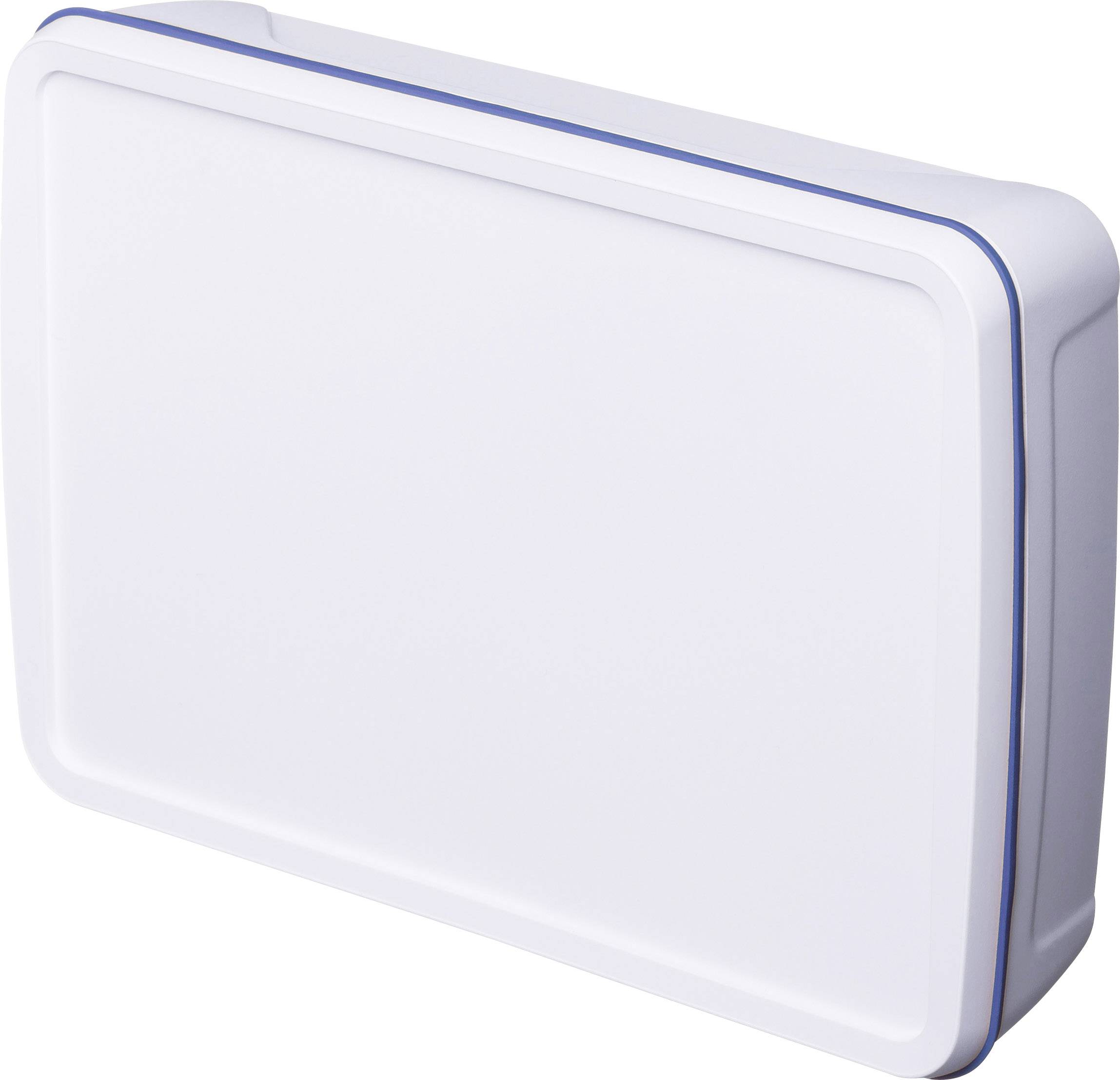 Een rechthoekig, plat, wit object met afgeronde hoeken. Mogelijkerwijs een hoes of doos, minimalistisch ontworpen.