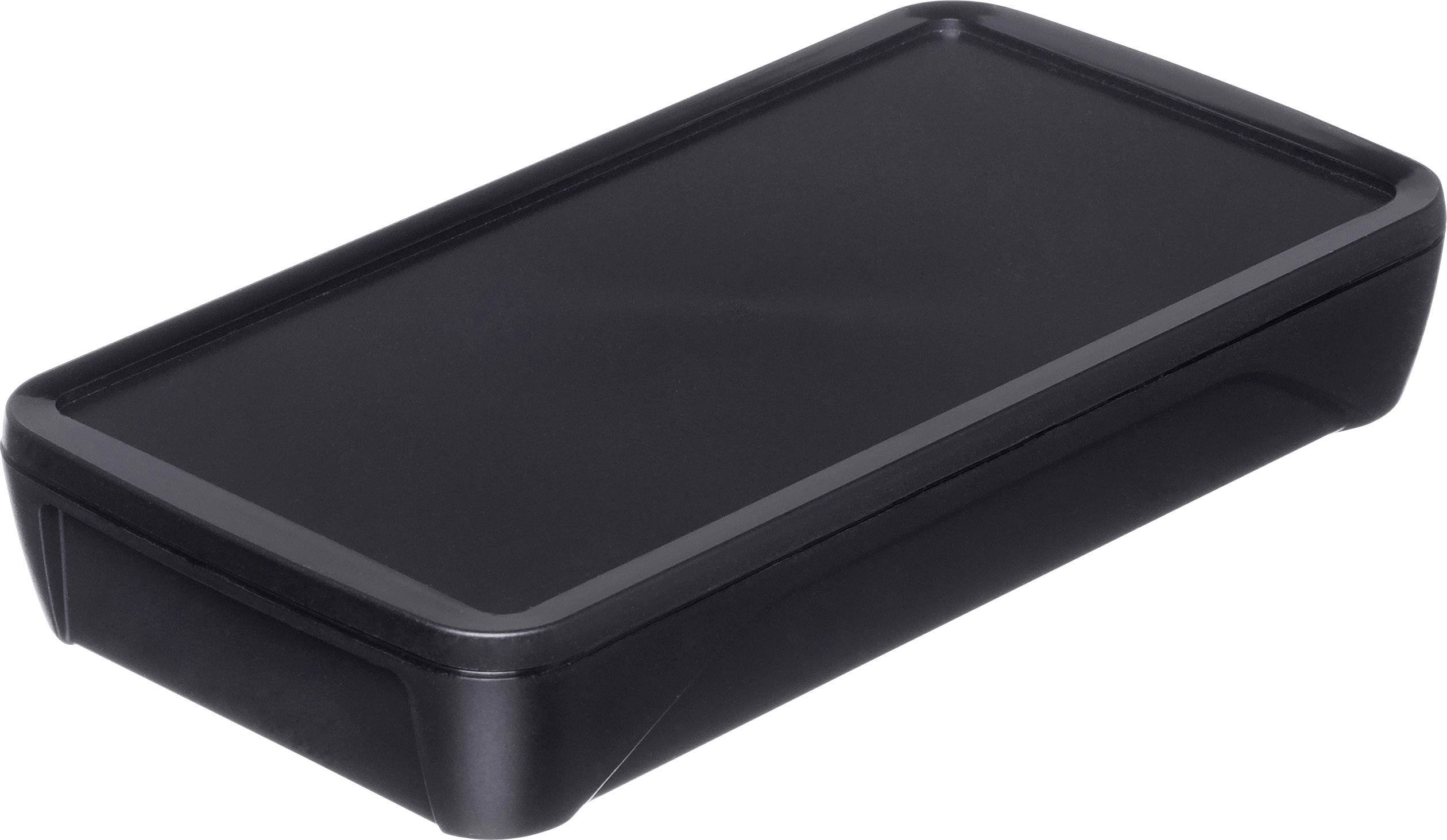 Zwart rechthoekig plastic behuizing met afgeronde randen, geschikt voor de opslag of bescherming van elektronische apparaten.