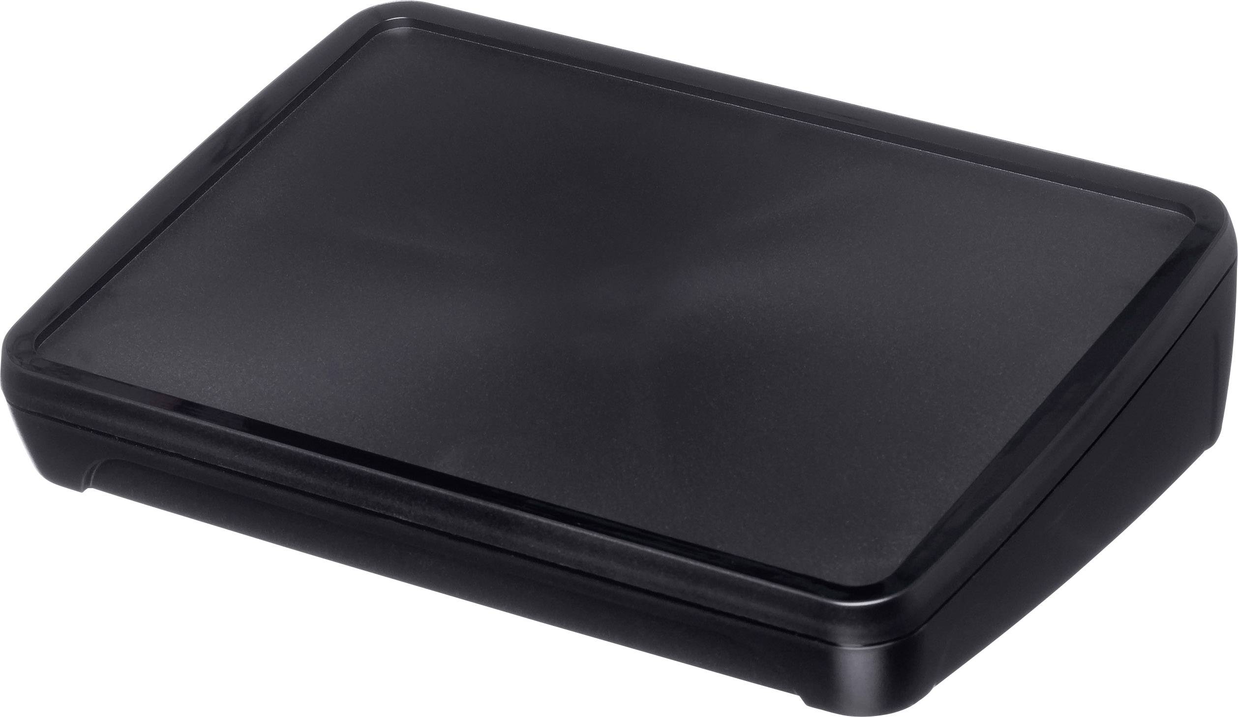 Een rechthoekige, zwarte plastic deksel.