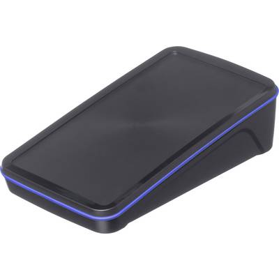 Een zwart, trapeziumvormig toestel met een gladde, glanzende scherm en een blauwe rand; mogelijk een elektronisch apparaat.