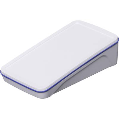 Een rechthoekige, witte kunststof container met afgeronde hoeken en een blauwe rand op het deksel.