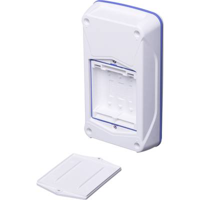 Een witte rechthoekige behuizing, waarschijnlijk een beschermkast voor elektrische componenten, met de deksel ernaast verwijderd.