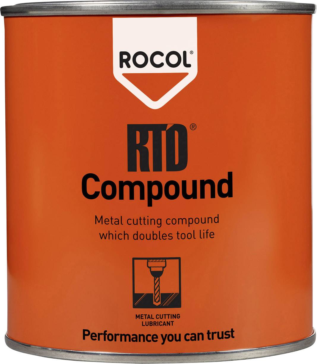 De afbeelding toont een rode bus van ROCOL RTD Compound, een metaalbewerkingsmiddel ter verlenging van de gereedschapslevensduur.