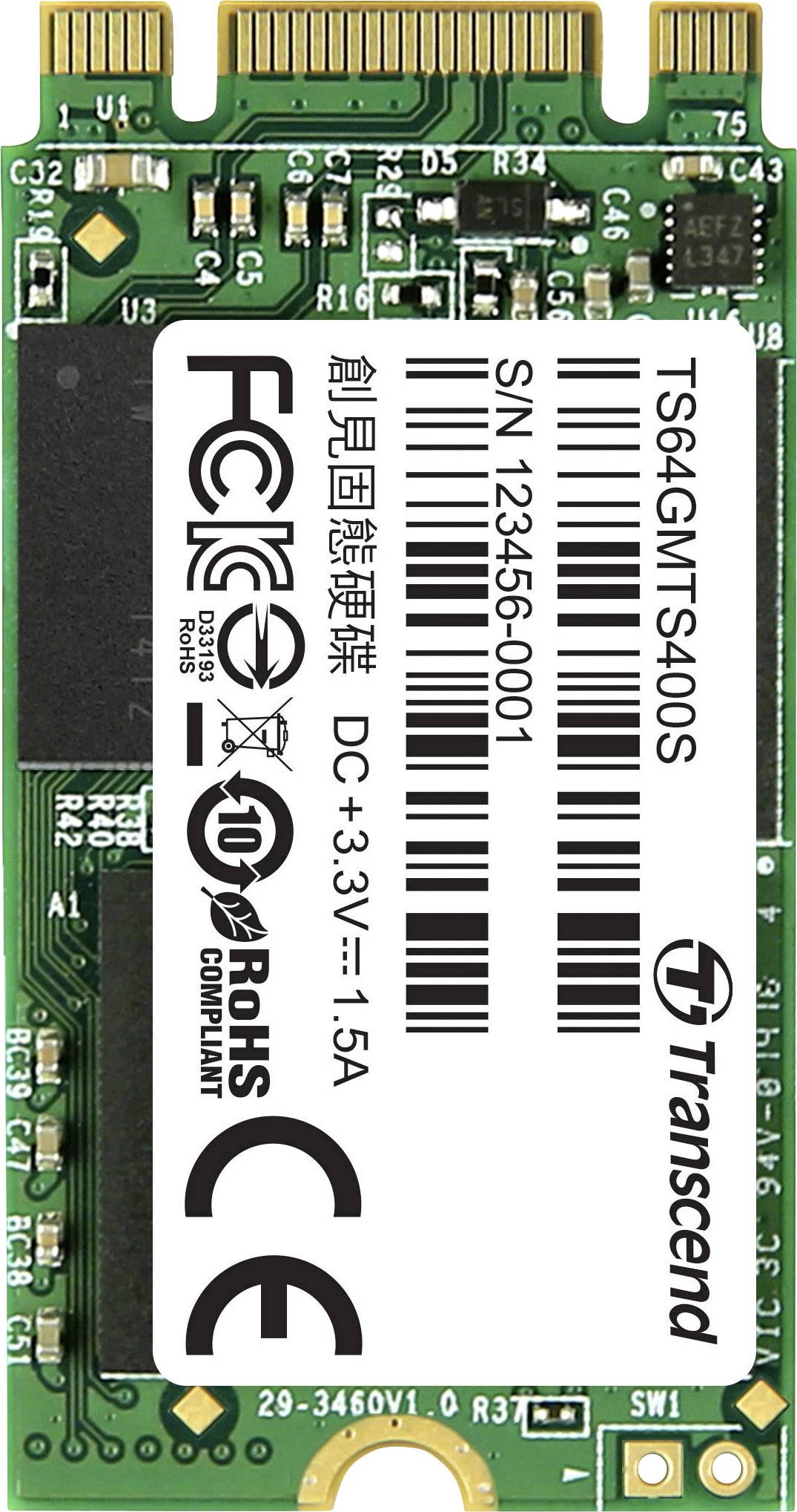 'Transcend 64GB M.2 SATA SSD' met serienummer en technische informatie op groene printplaat.